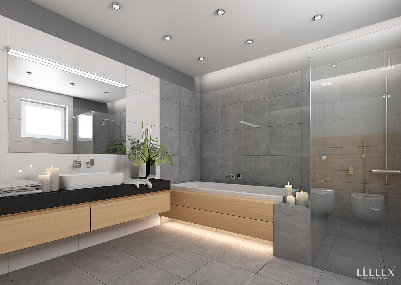 bathroom with white and dark tiles