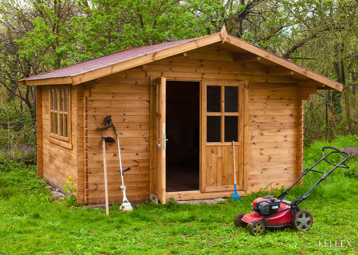 wooden house with a shed